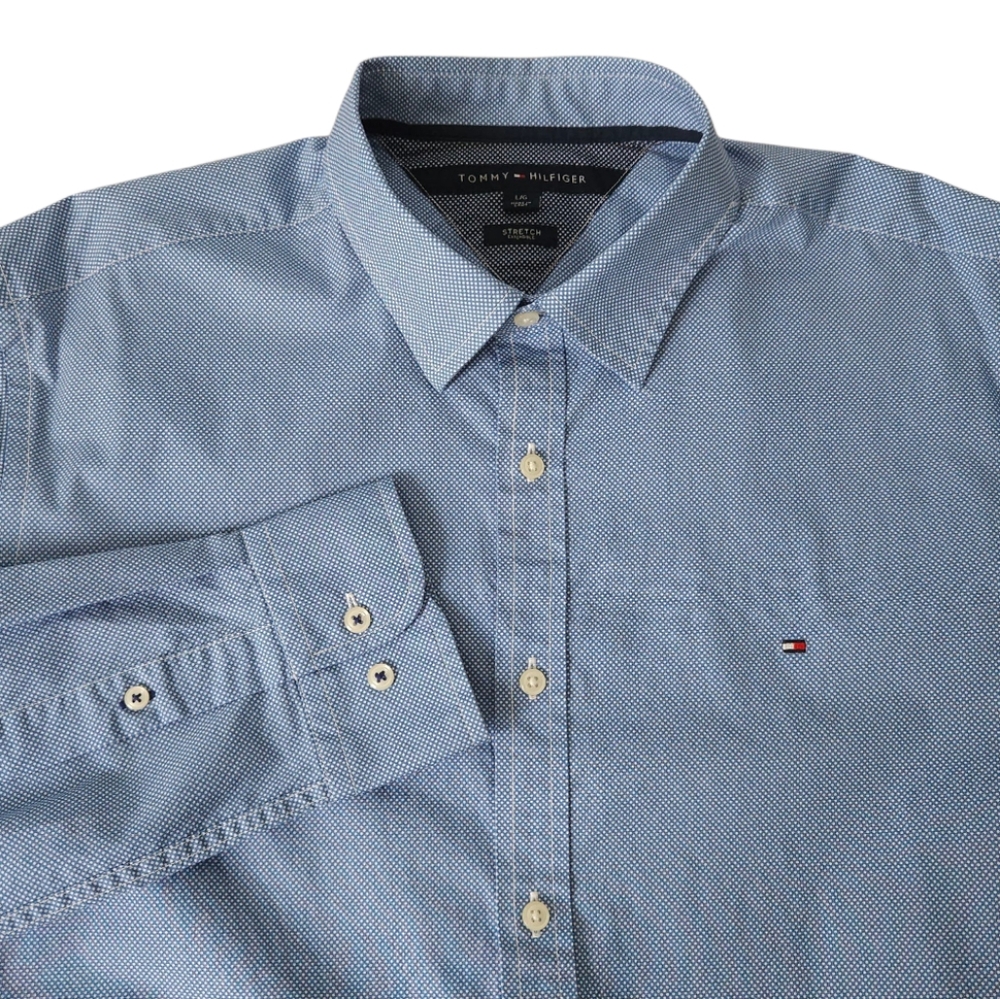 Tommy Hilfiger Mens Stretch Shirt Large Blue Micro Dot Long Sleeve Button Down